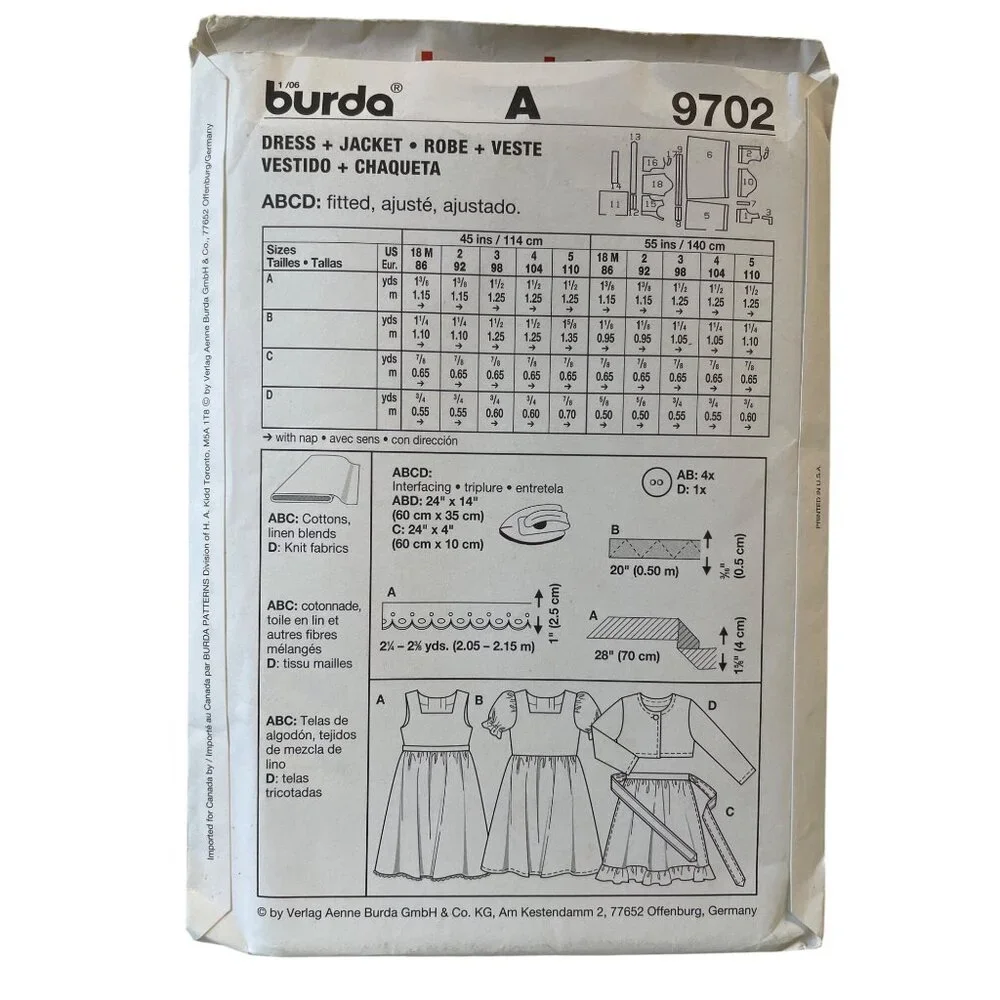 Burda 9702 Girls Dress &‎ Jacket Sewing Pattern Sizes 18M-5